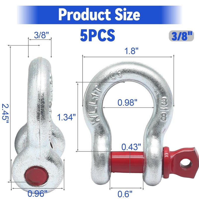 vibedor 3/8" 5 Pcs Heavy Duty Shackle, Galvanized Clevis Shackle Screw Pin, 1 Ton Heavy Shackle for Tow Strap/Winch/Traction Steel Wire/Vehicle Recovery - Image 2